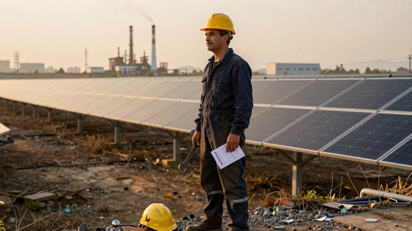 Homem com capacete amarelo e macacão azul em campo de painéis solares ao pôr do sol.
