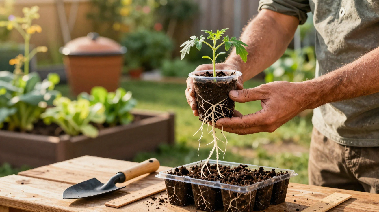 Pessoa segurando mudinha de planta com raízes expostas, ao lado de ferramentas de jardinagem em mesa ao ar livre.