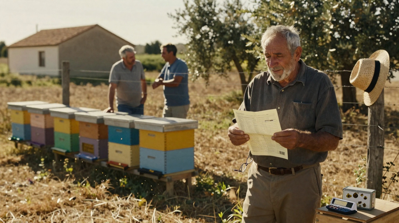 Idoso lendo documento em área rural com colmeias de abelhas e dois homens conversando ao fundo.