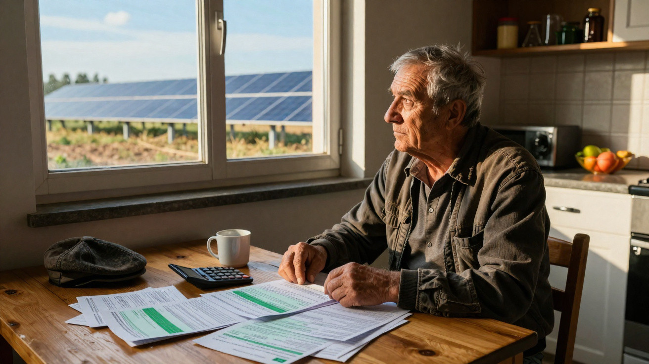 Idoso sentado à mesa com documentos e calculadora, olhando pela janela para painéis solares.