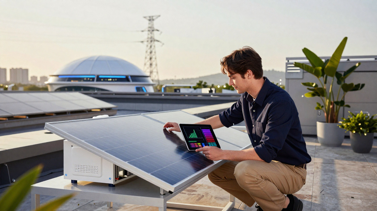 Homem verifica dados de painel solar com tablet em área externa com plantas e estrutura futurista ao fundo.