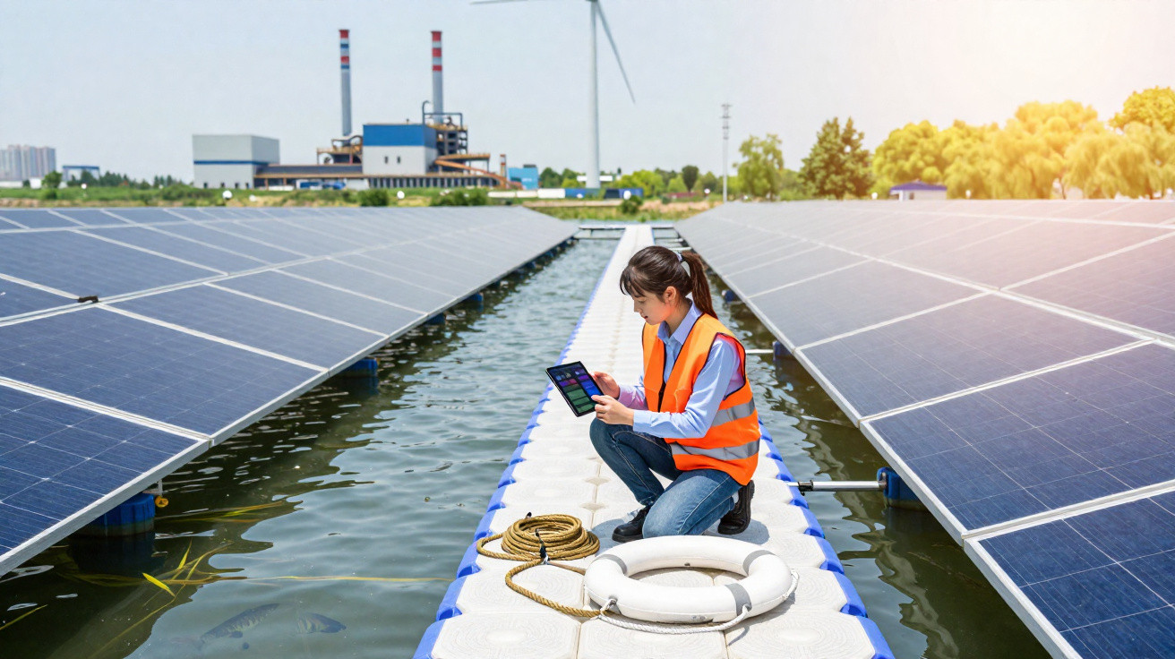 Mulher com colete laranja usando tablet entre painéis solares flutuantes em área industrial com turbina e chaminés.