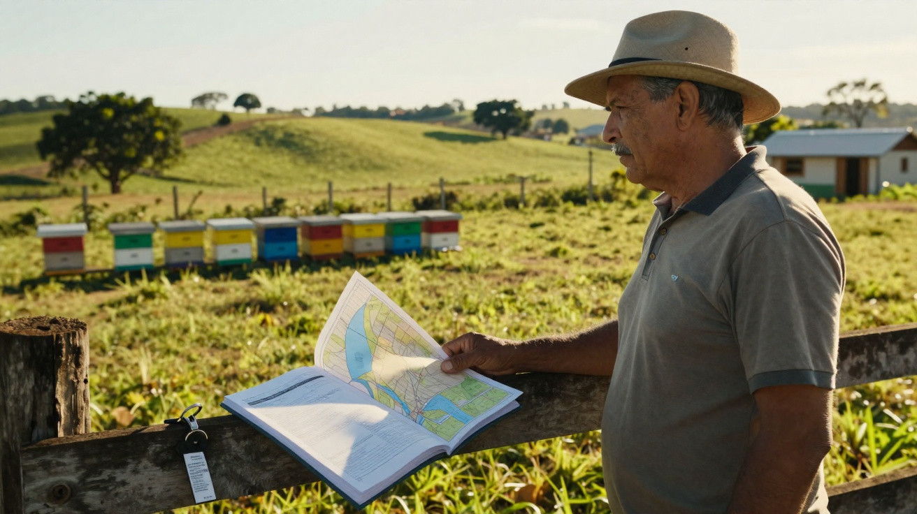 Homem com chapéu observa livro aberto em área rural com colmeias ao fundo.