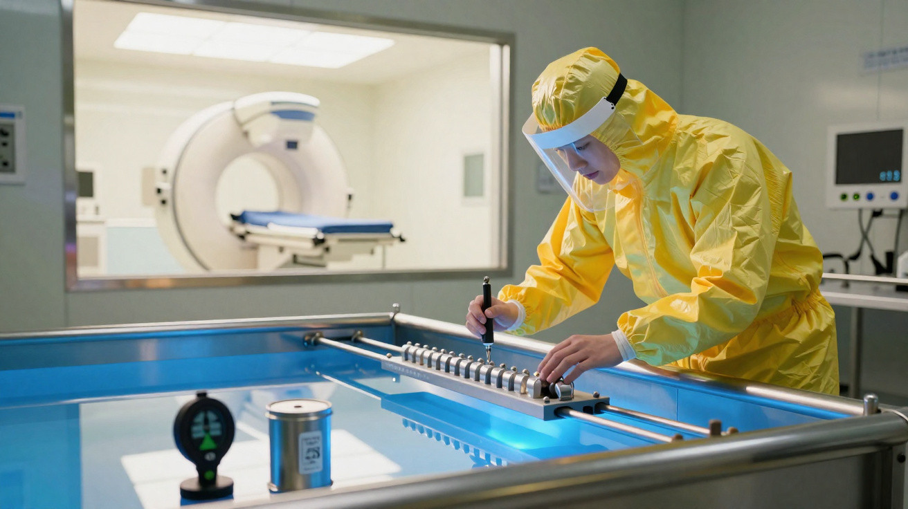 Profissional em traje de proteção amarela ajusta equipamento em laboratório com máquina de ressonância ao fundo.