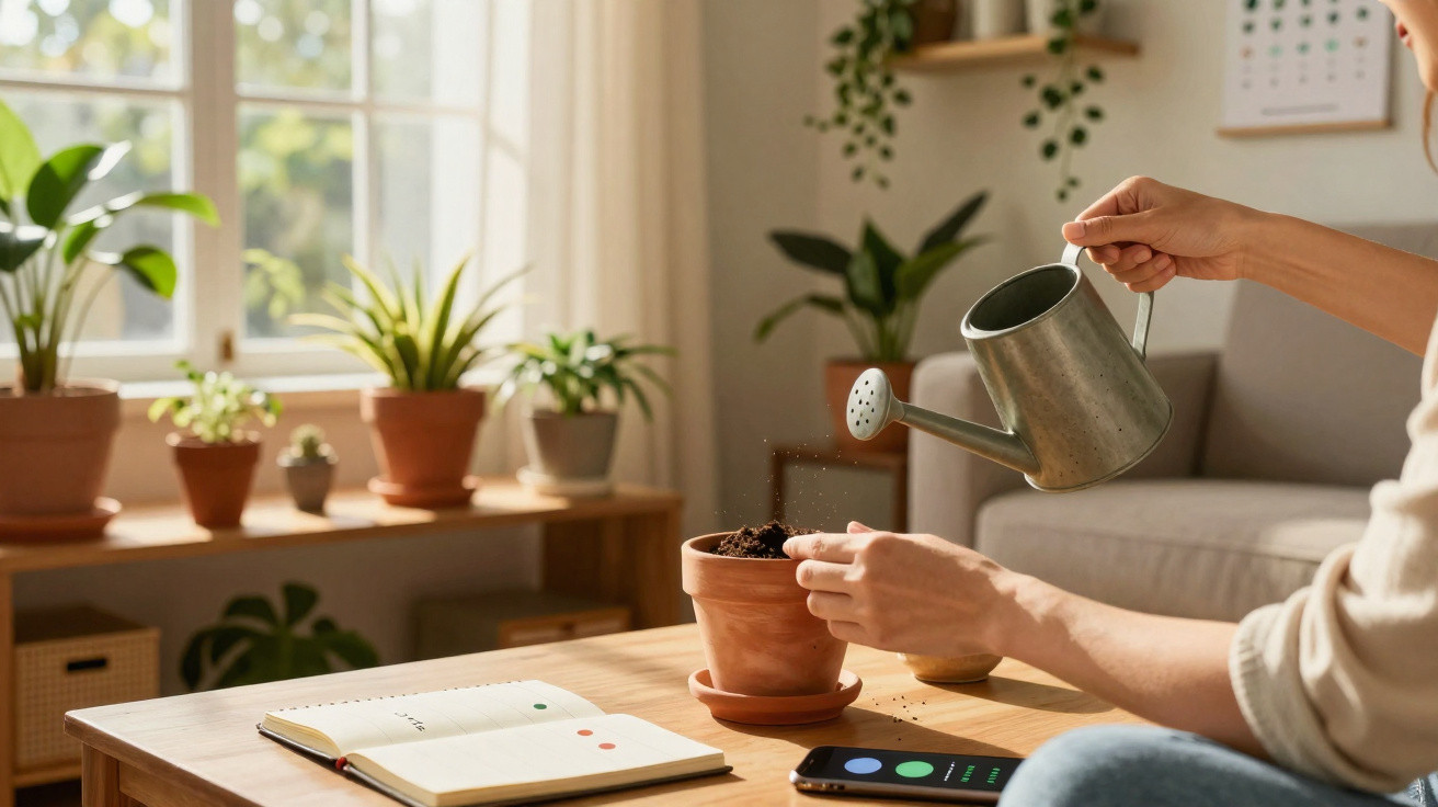Pessoa regando planta em vaso de barro dentro de sala com outras plantas e mesa com celular e caderno.