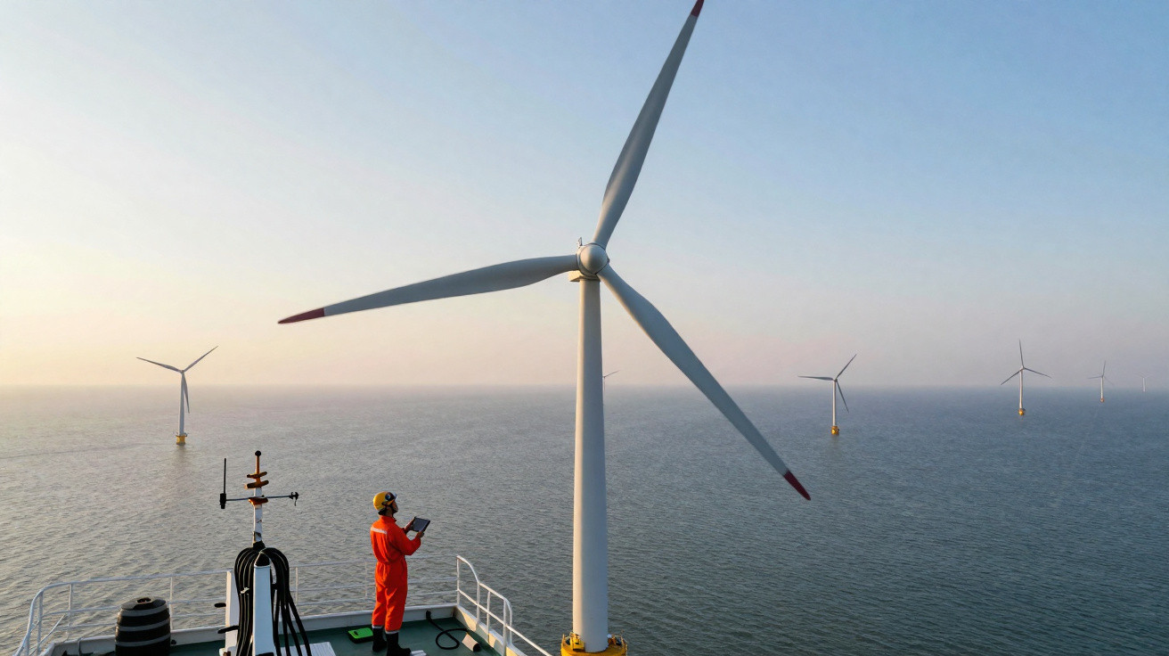 Técnico em macacão laranja inspeciona turbina eólica em plataforma no mar durante amanhecer.