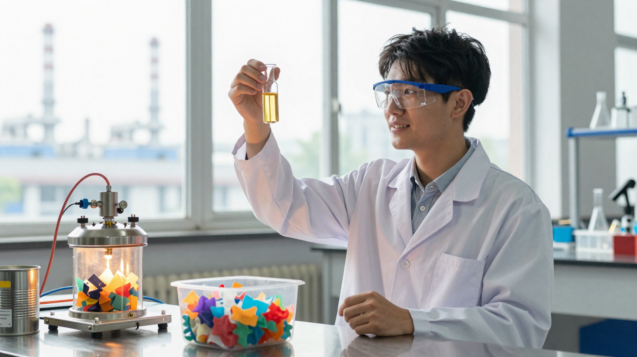 Cientista em laboratório observando líquido amarelo em tubo de ensaio, com equipamentos ao fundo.