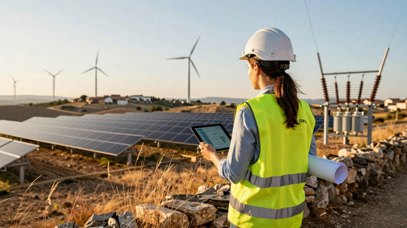 Engenheira com capacete e colete vistoria painel solar e turbinas eólicas em campo ao entardecer.