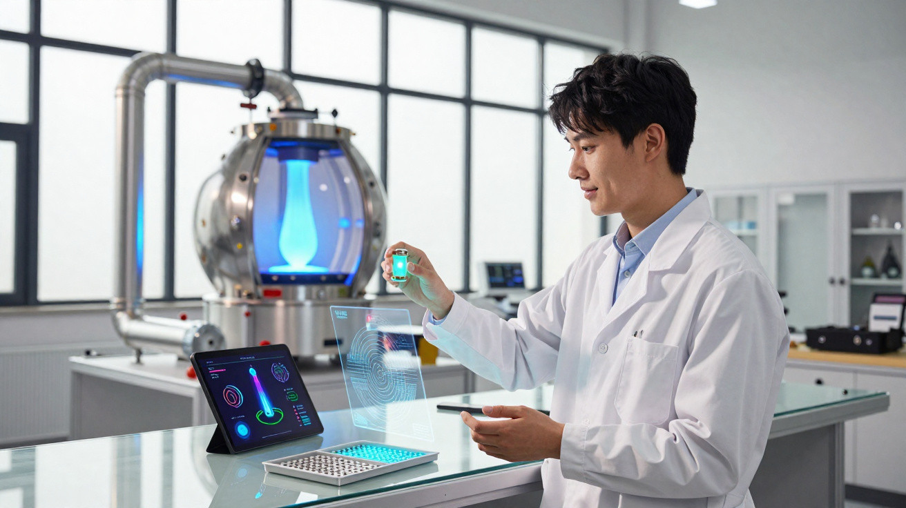 Cientista em laboratório segurando frasco com líquido azul e analisando dados em telas holográficas.