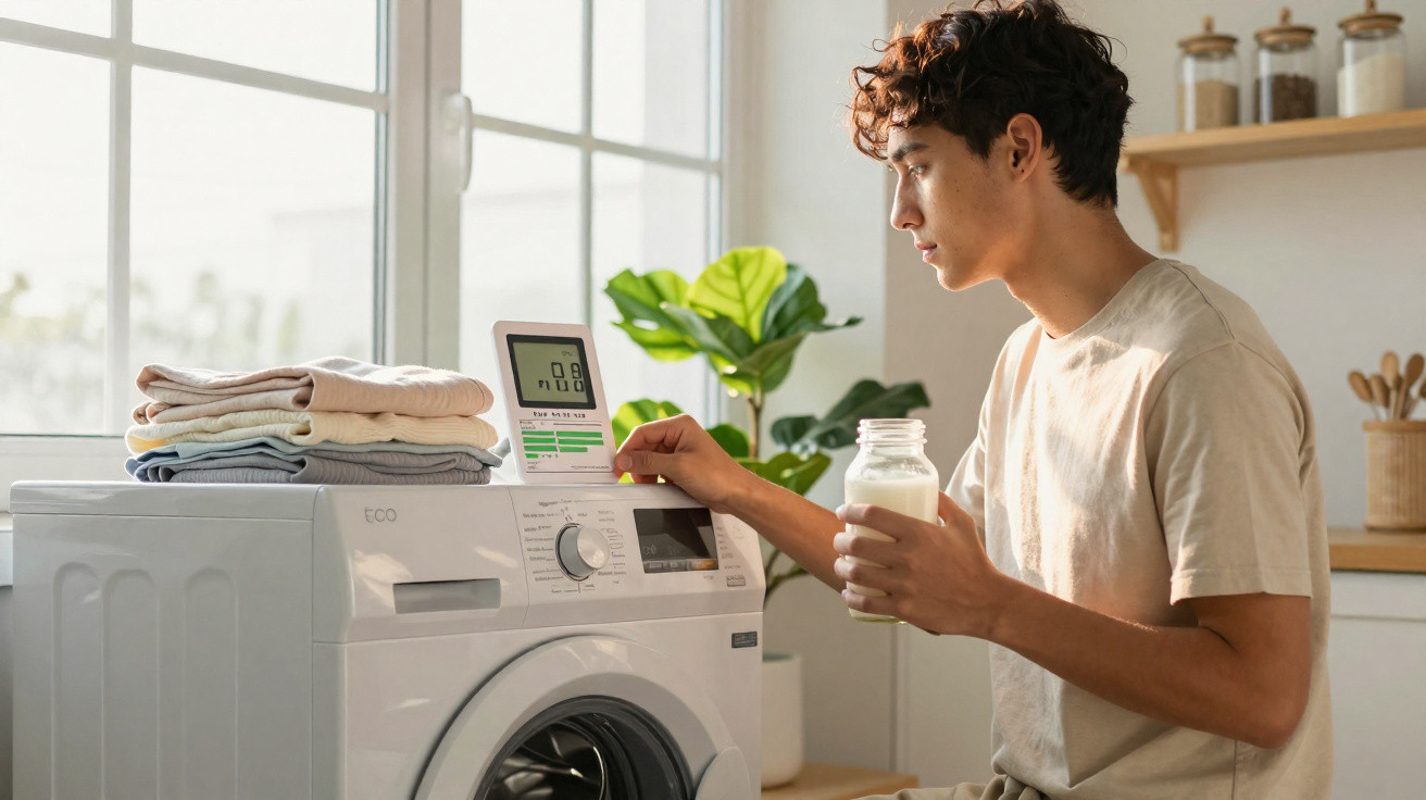 Jovem ajusta máquina de lavar roupas enquanto segura frasco em cozinha iluminada com plantas e toalhas.