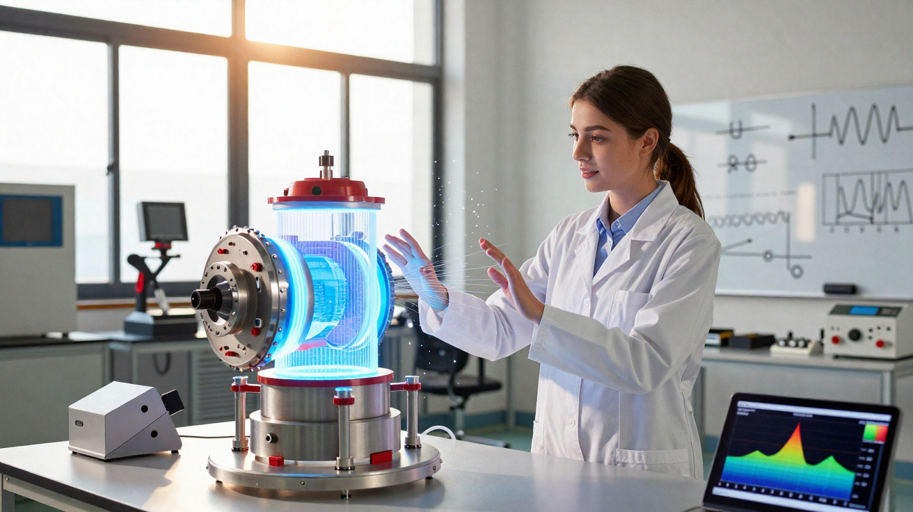 Mulher cientista em jaleco interage com equipamento tecnológico holográfico futurista em laboratório.