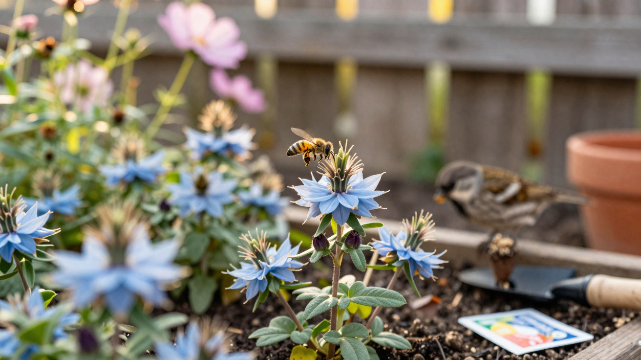 Abelha pousando em flor azul em vaso de madeira com pá de jardinagem e pássaro ao fundo.