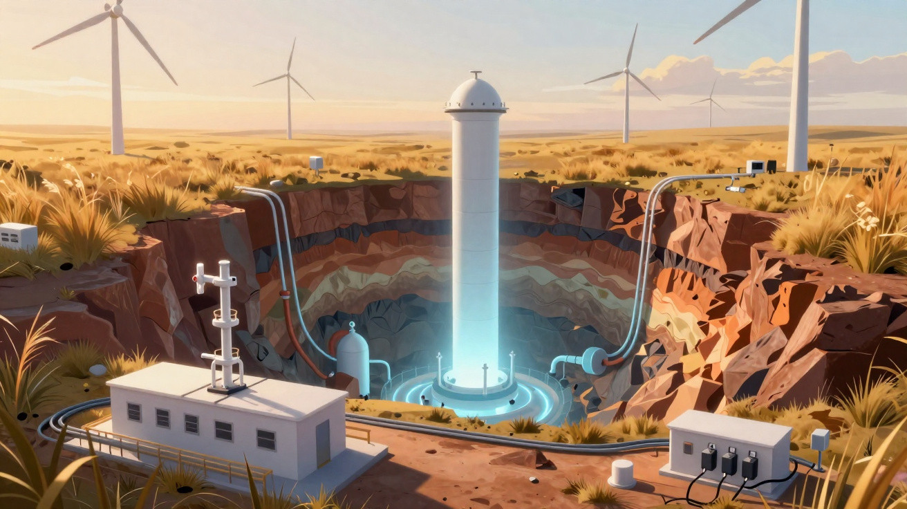 Imagem ilustrativa de energia geotérmica com turbinas eólica ao fundo e infraestrutura subterrânea.