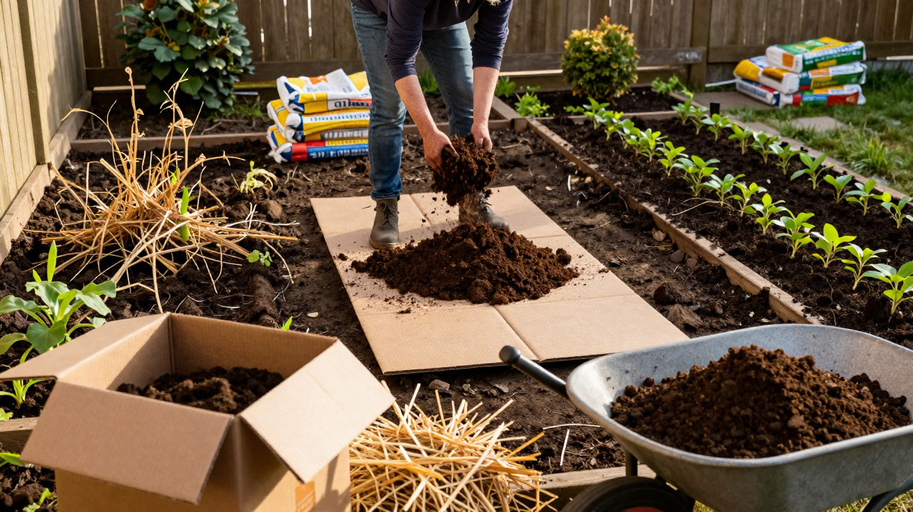 Pessoa preparando terra em canteiro de horta caseira com ferramentas e sacos de composto ao fundo.