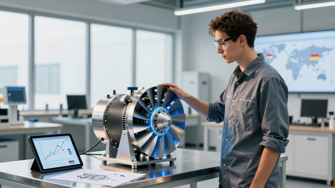 Jovem engenheiro analisa componente de motor com tablet e gráficos em bancada de laboratório moderno.