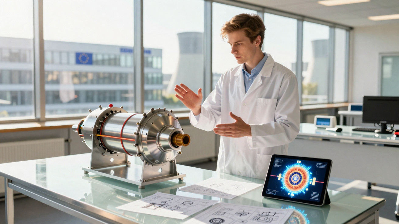 Pesquisador em jaleco branco analisa modelo metálico de equipamento tecnológico em laboratório com tablets e desenhos técnico