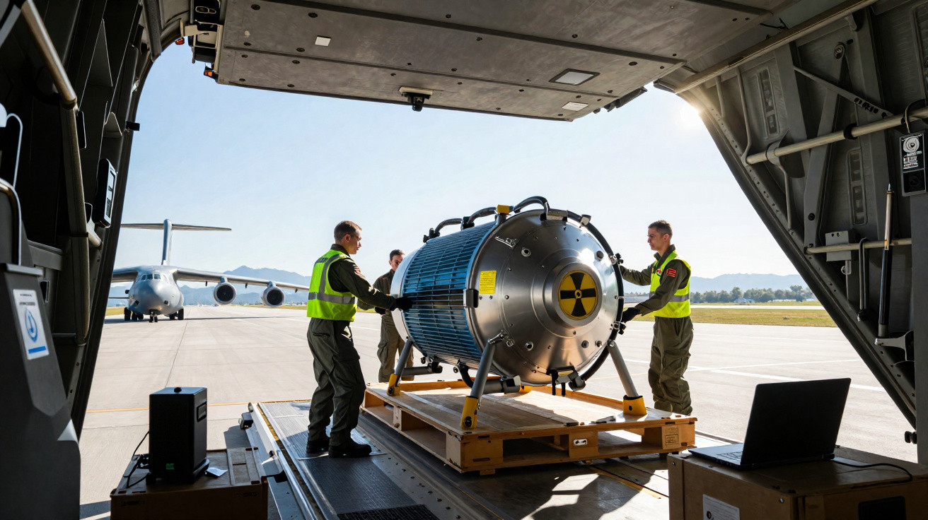 Militares transportam equipamento com símbolo nuclear dentro de avião militar em pista de aeroporto.