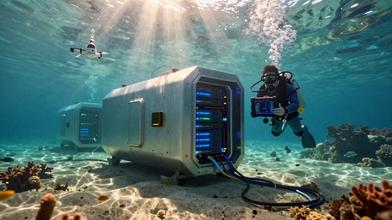 Mergulhador com equipamento tecnológico submarino e servidor conectado no fundo do mar cercado por corais e peixes.