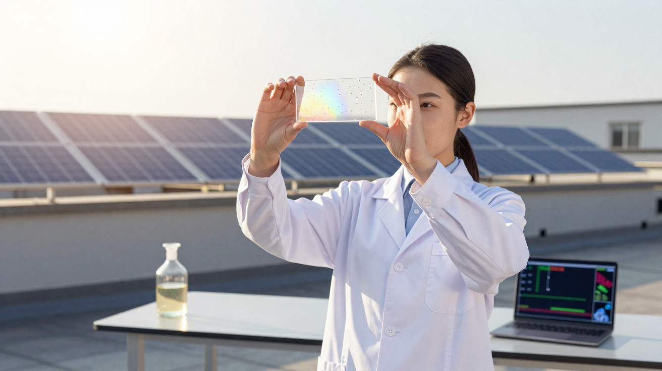 Mulher cientista de jaleco segurando placa solar em laboratório ao ar livre com painéis solares ao fundo.