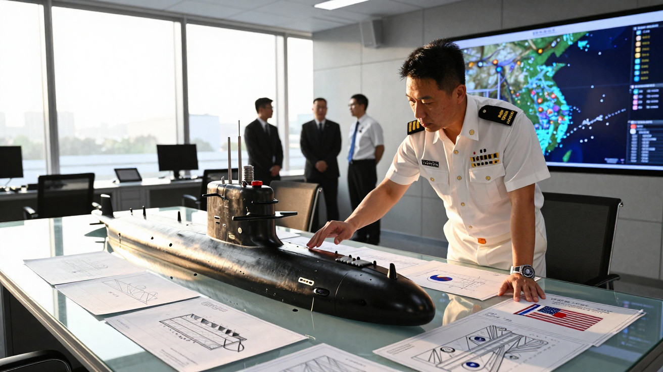 Oficial naval examina modelo de submarino sobre mesa com plantas técnicas, três homens ao fundo em sala moderna.