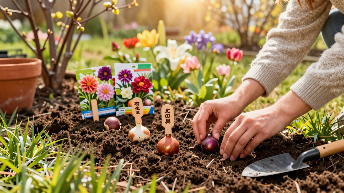 Pessoa plantando bulbos de flores em canteiro ao ar livre com etiquetas e pacotes coloridos ao fundo.