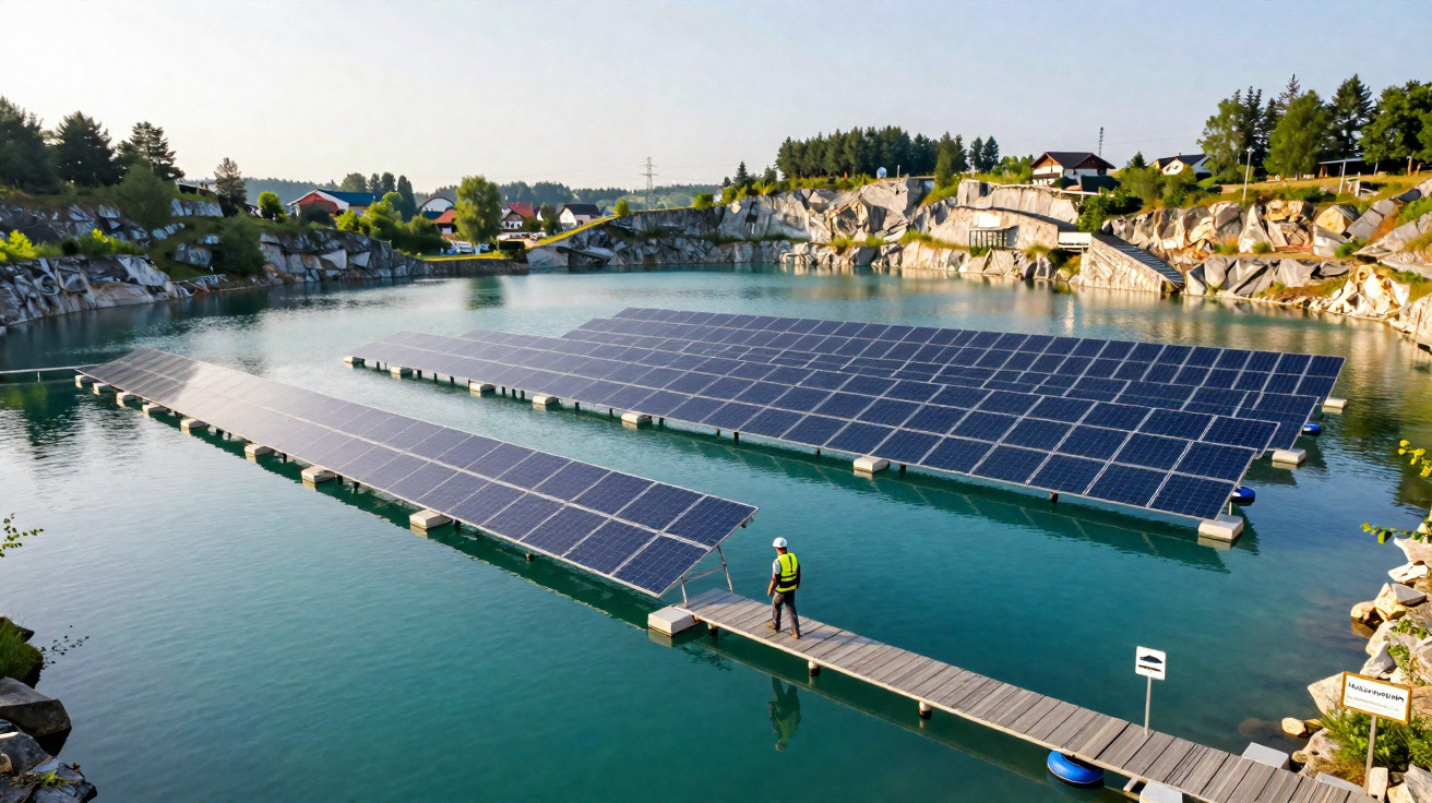 Painéis solares flutuantes em lago cercado por pedras, com homem em passarela de madeira.