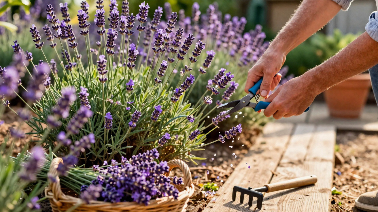 Pessoa colhendo flores de lavanda em jardim com cesta e ancinho de jardim sobre madeira.