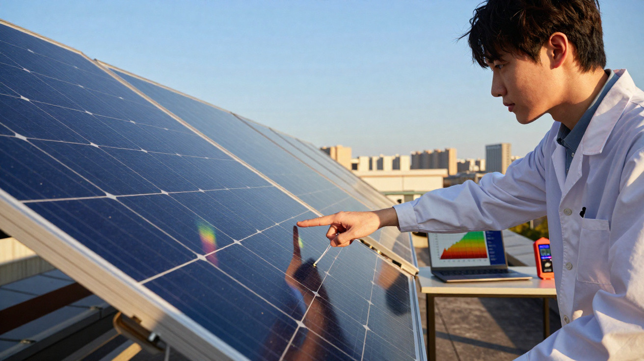 Homem com jaleco branco inspecionando painel solar em telhado ao ar livre com laptop ao fundo.