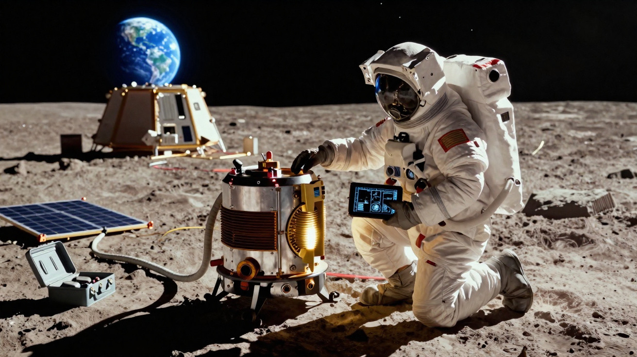 Astronauta com traje espacial operando equipamento na superfície lunar com a Terra ao fundo.