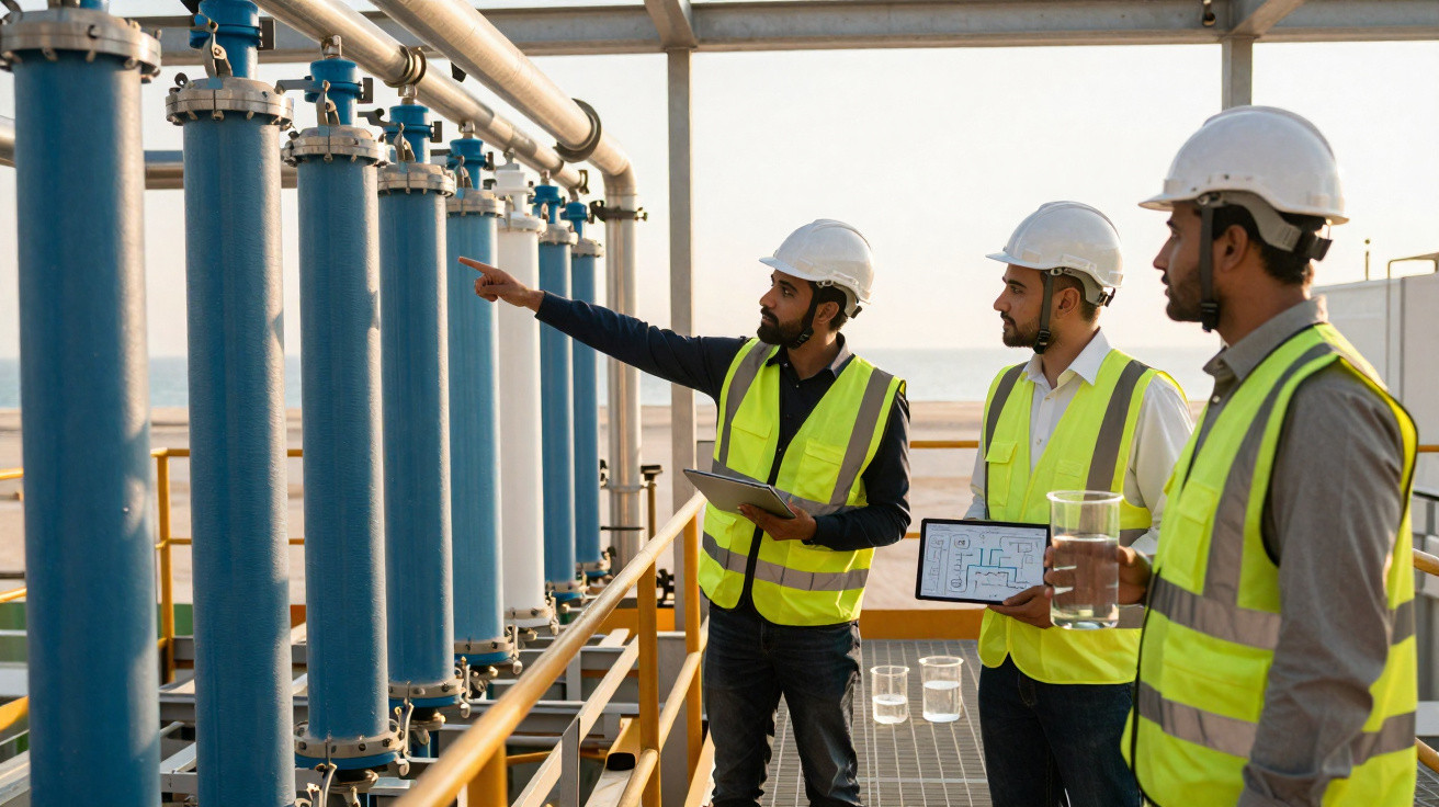 Equipe de engenheiros em capacetes e coletes discutindo projeto em plataforma industrial próximo ao mar.