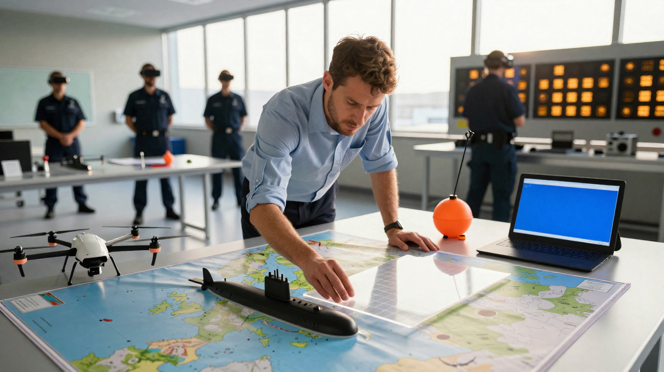Homem analisando mapa e dispositivos eletrônicos em sala de comando com militares ao fundo.