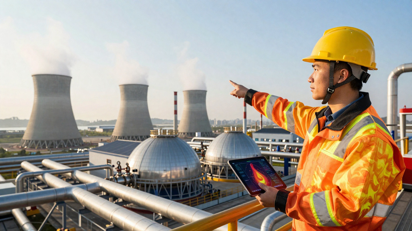 Engenheiro com capacete e colete refletivo aponta para usina industrial com torres de resfriamento e tubulações.