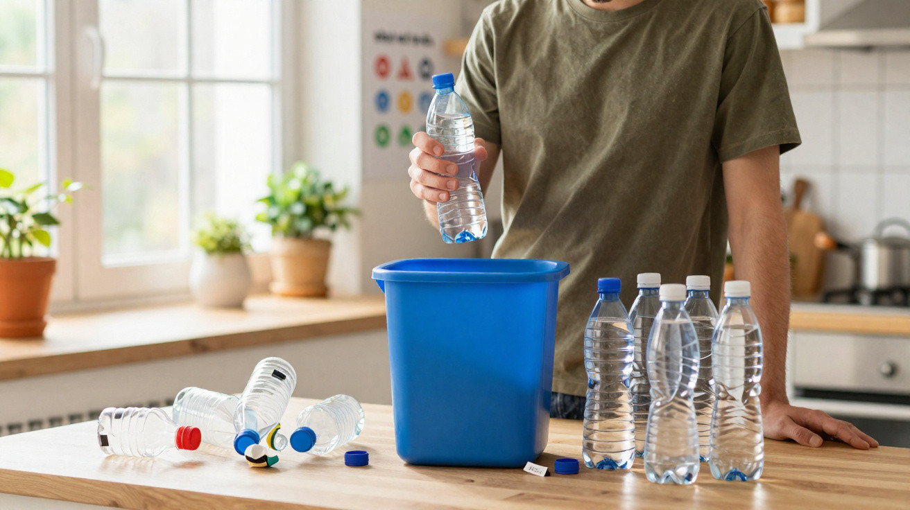 Pessoa descartando garrafa plástica em lixeira azul de reciclagem em cozinha clara com várias garrafas sobre a mesa.