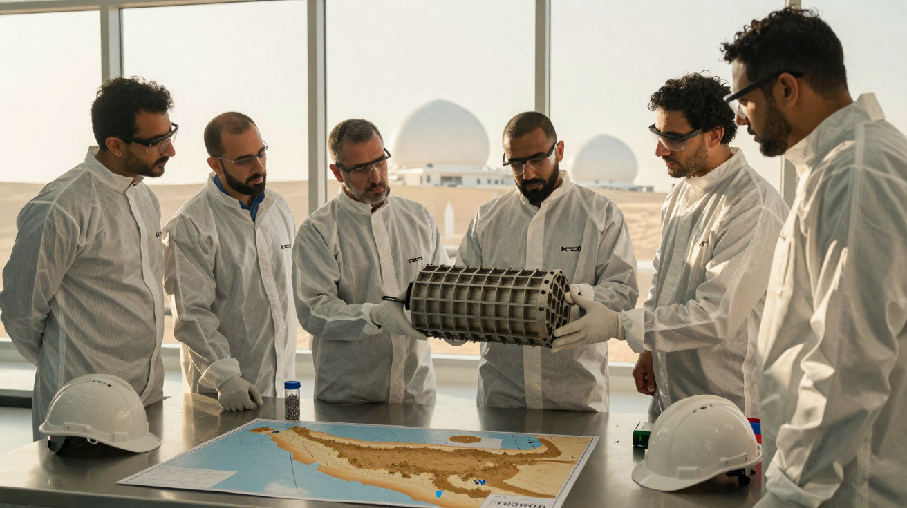 Cinco homens em jalecos e luvas manuseiam equipamento tecnológico sobre mesa com mapa e capacete branco.
