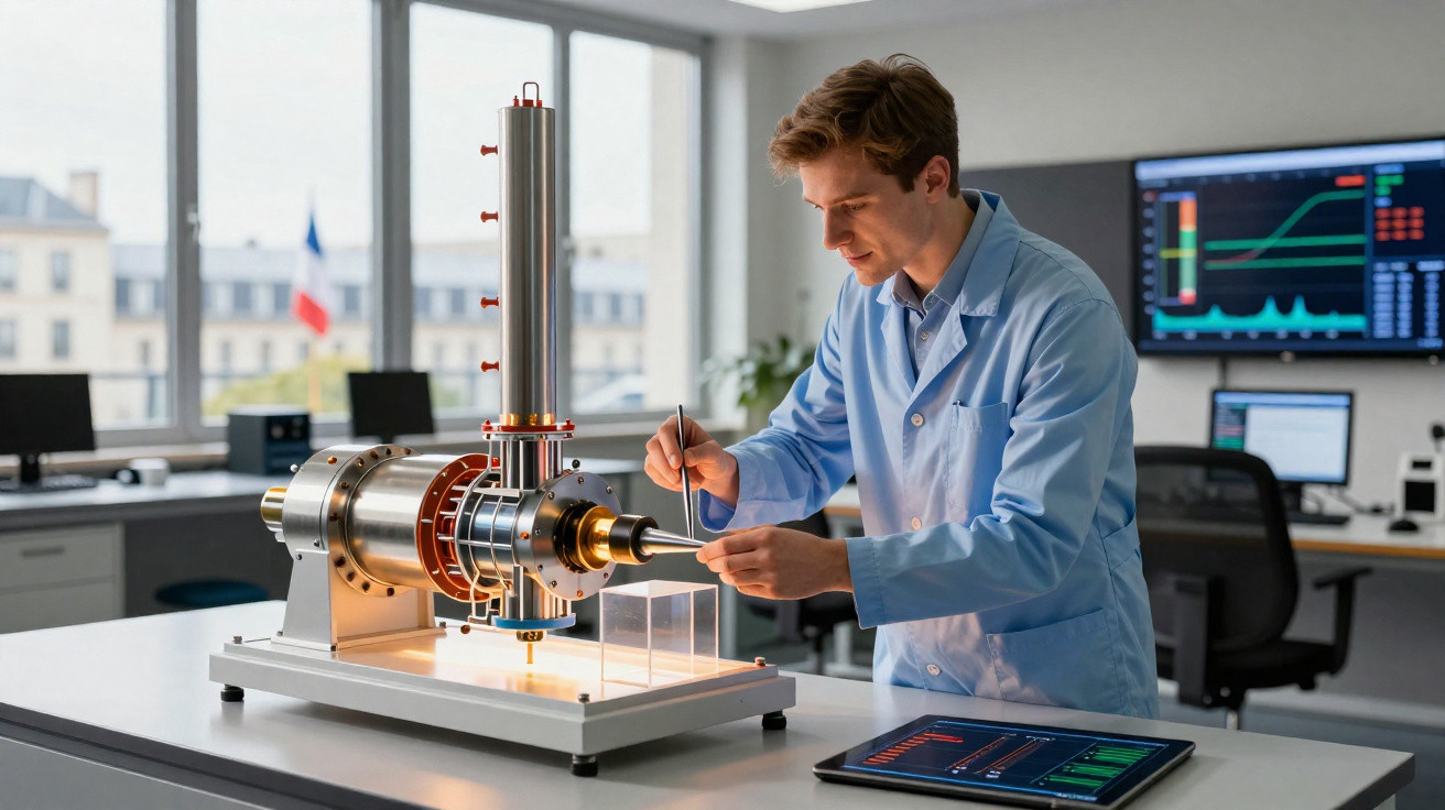 Homem jovem em jaleco azul operando equipamento científico moderno em laboratório com telas digitais ao fundo.