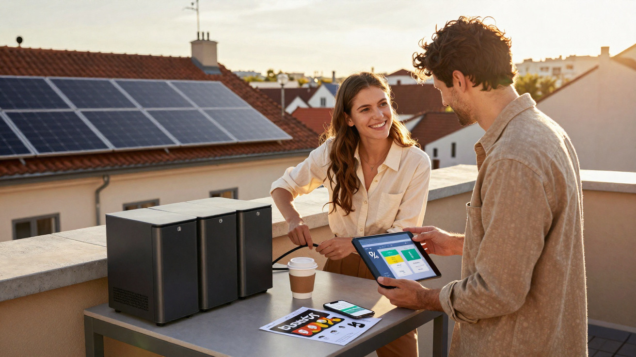 Casal em varanda com painéis solares, analisa tablet sobre promoções de Black Friday.