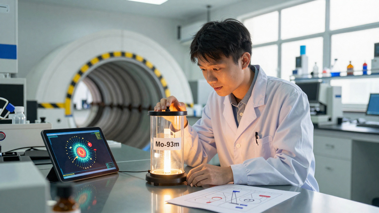 Cientista asiático em laboratório analisando amostra de Molibdênio-93 em recipiente iluminado.