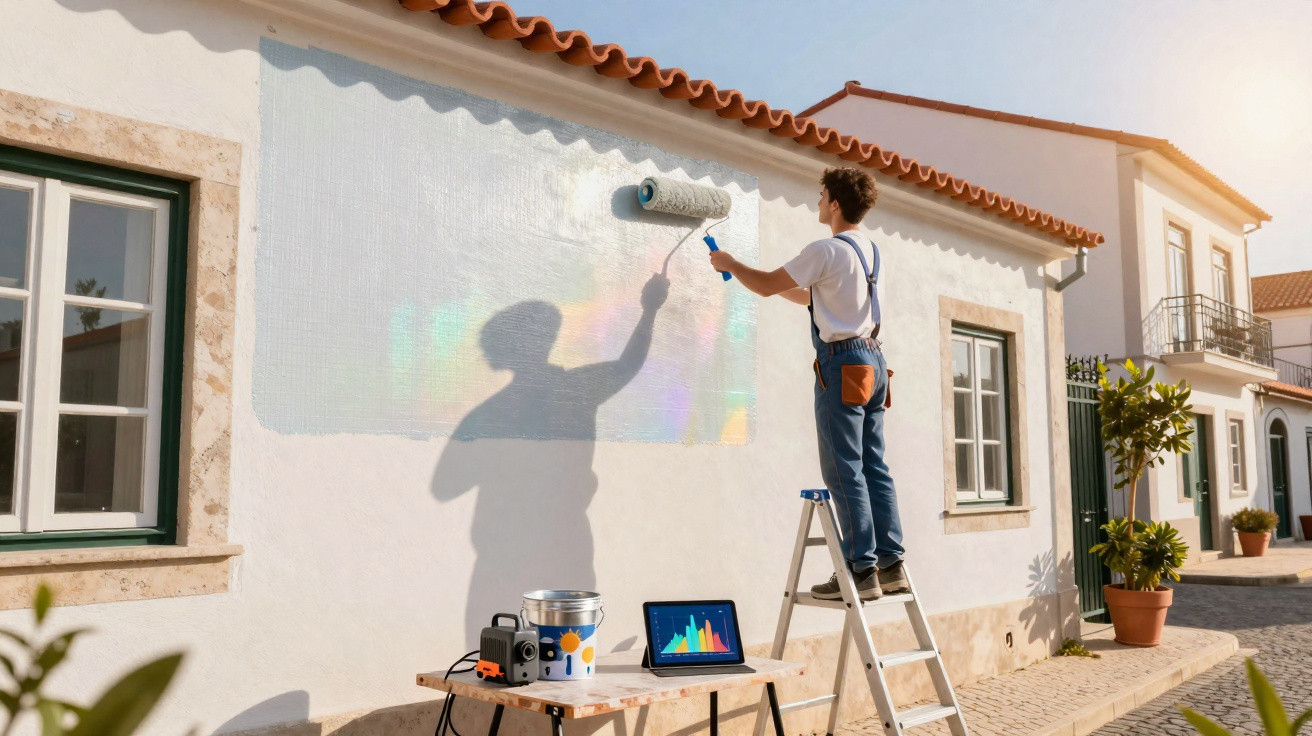 Homem pintando parede branca de casa com rolo, usando escada e roupa de trabalho azul.