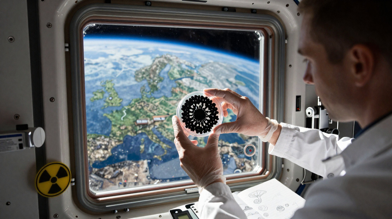 Astronauta em laboratório espacial analisando amostra em lâmina com vista da Terra pela janela.
