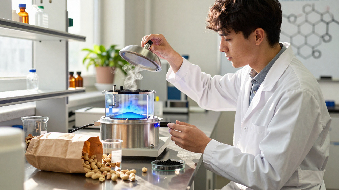 Jovem de jaleco abre tampa de equipamento com vapor acima em laboratório com amendoins na mesa.