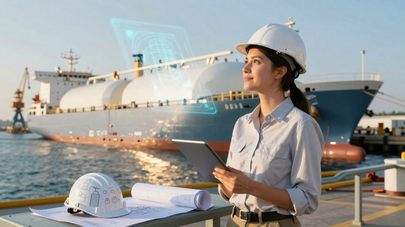 Mulher engenheira com capacete usando tablet no porto, com navio e capacete sobre mesa com plantas.