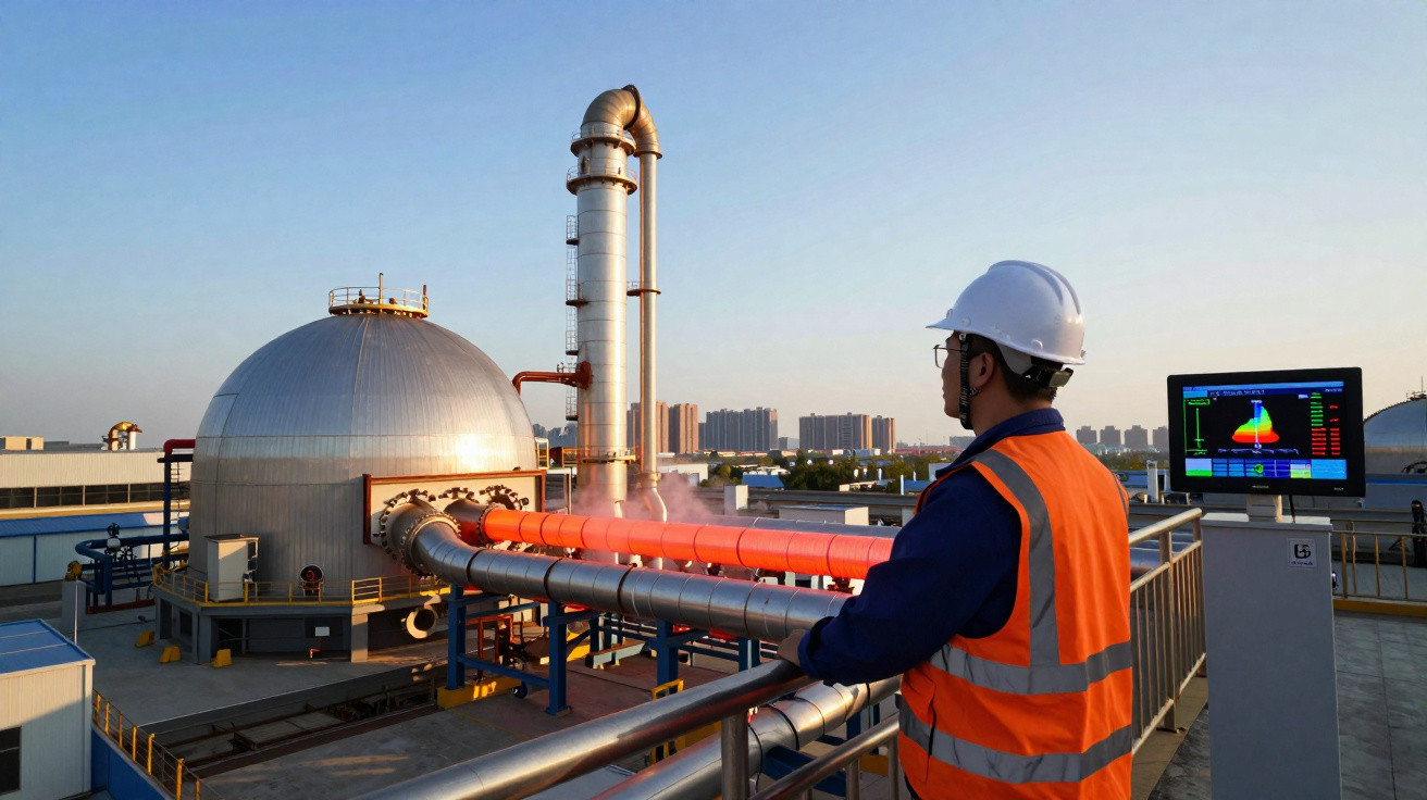 Engenheiro com capacete e colete laranja monitora dados em plataforma industrial de gás com tubulações e tanques.