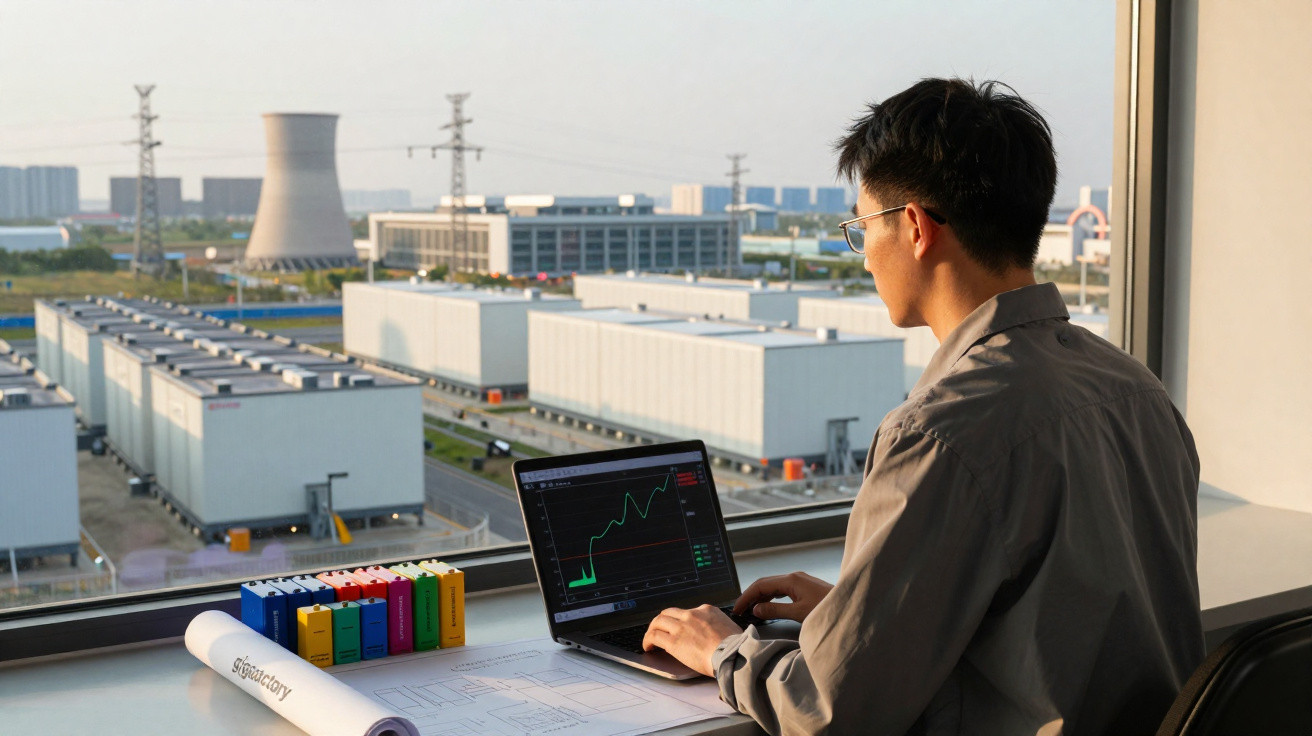 Homem trabalhando em laptop com gráficos, em escritório com vista para usina industrial ao fundo.