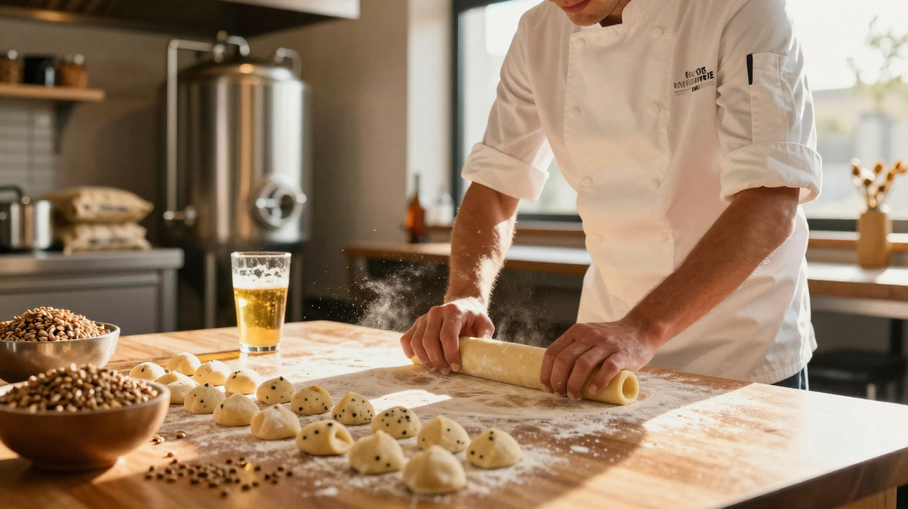 Chef usando avental branco enrola massa em bancada de madeira com bolinhas e copo de cerveja ao lado.