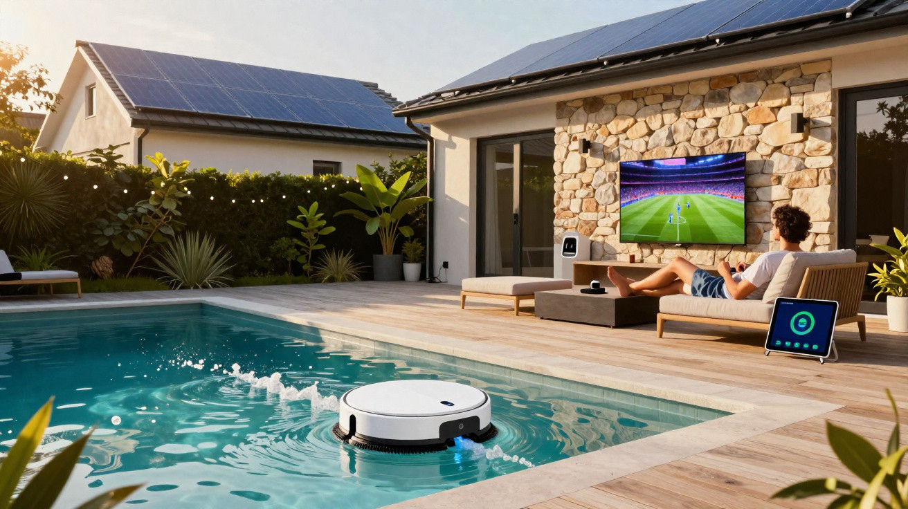 Piscina com robô limpador, homem sentado no sofá assistindo futebol em TV externa e painel solar no telhado.