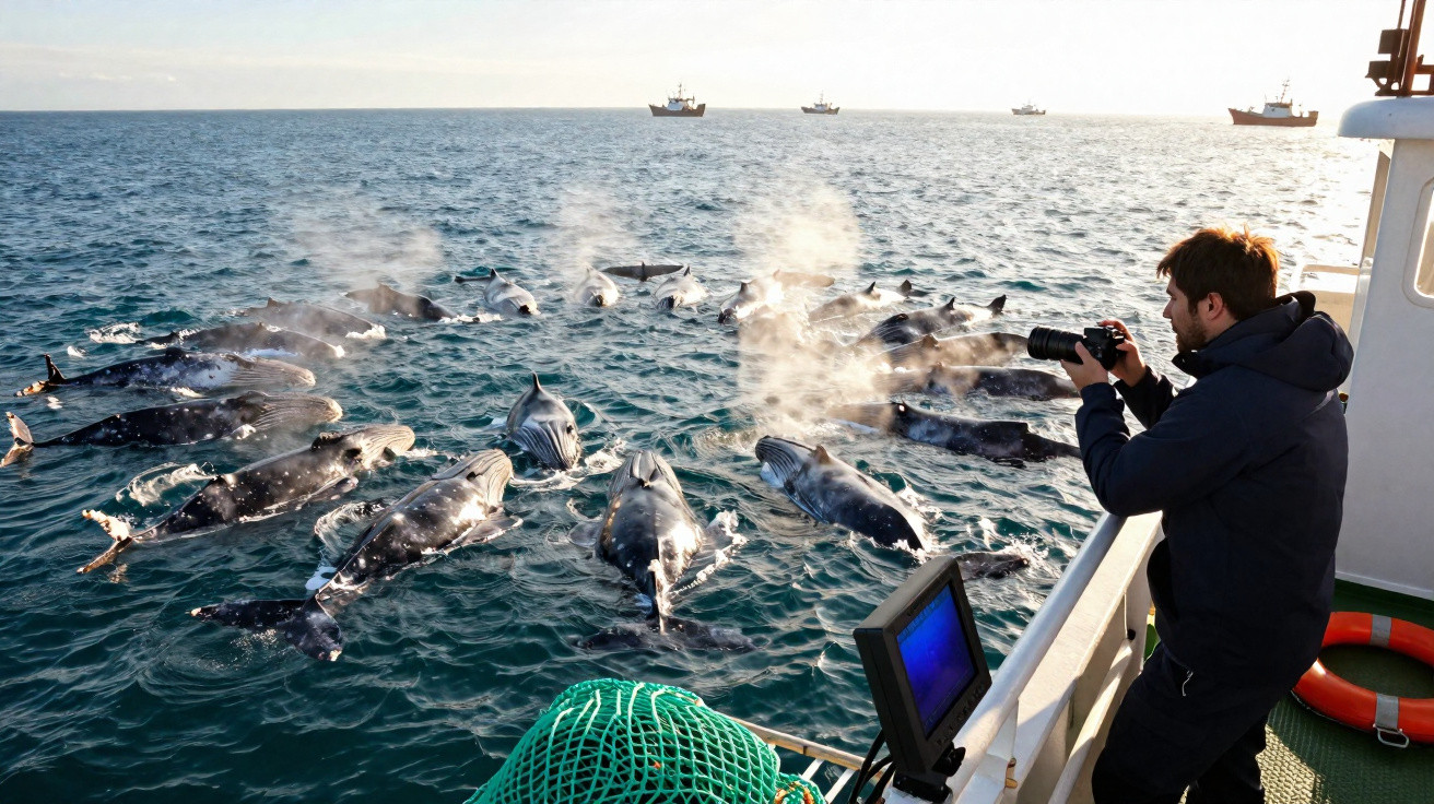 Homem fotografa grupo de baleias respirando no mar próximo a um barco em dia claro.
