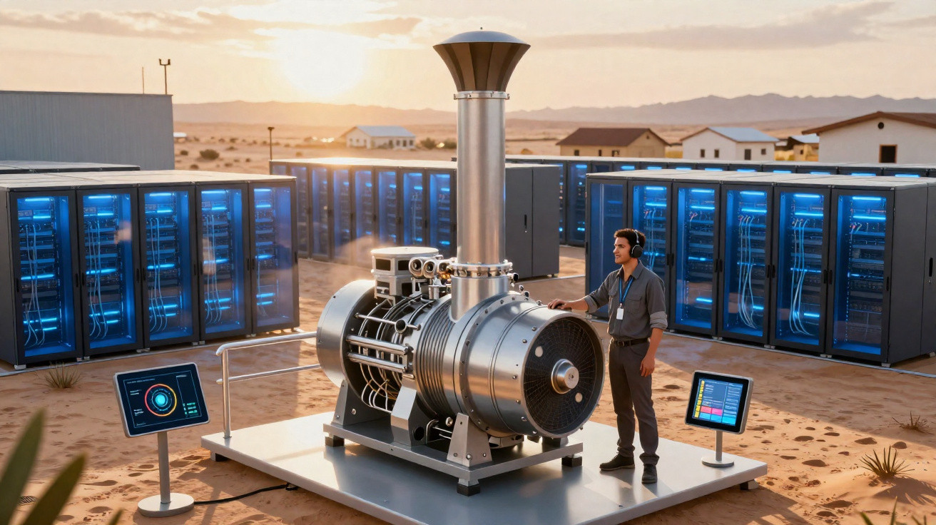 Homem observa turbina industrial com servidores e deserto ao fundo em instalação tecnológica.