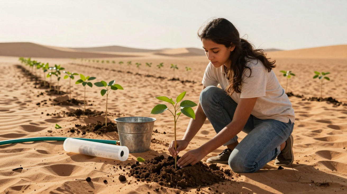 Jovem planta mudas de árvores em área arenosa com regador e balde próximo em dia ensolarado.