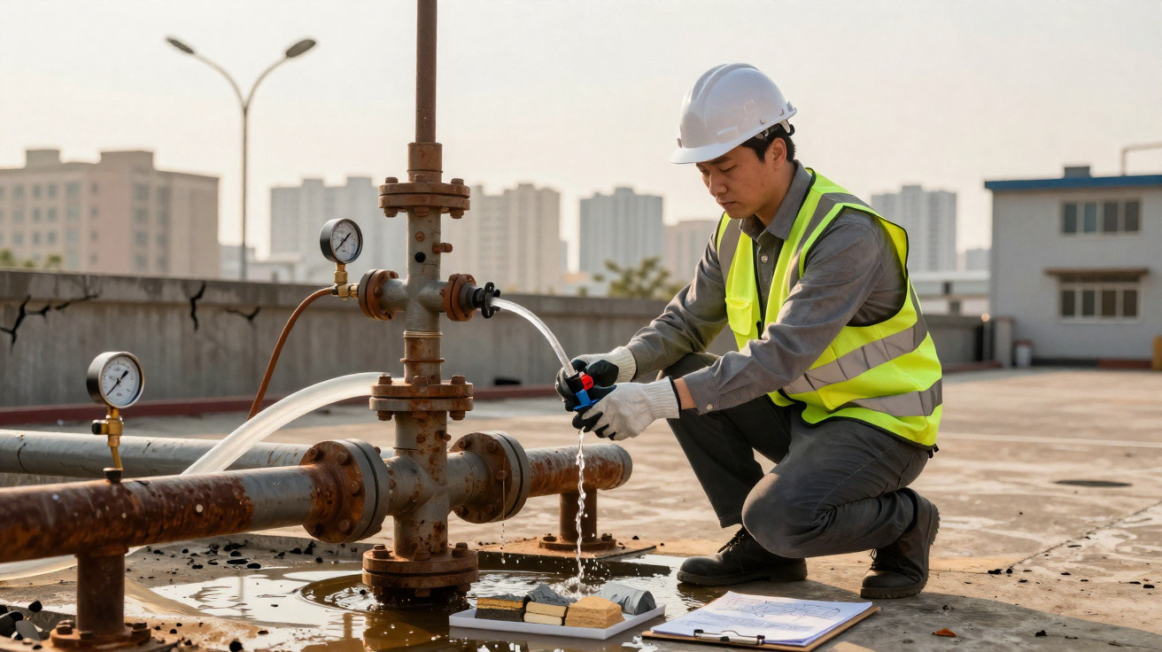 Técnico em segurança com colete e capacete verificando vazamento em tubulação industrial ao ar livre.