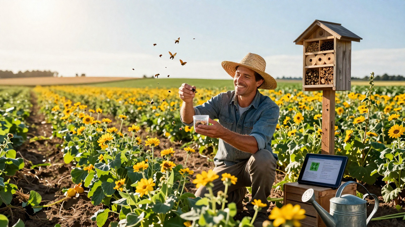 Agricultor com chapéu em campo de flores amarelas segurando pote com abelhas e monitorando polinizadores.